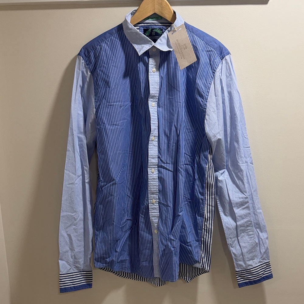 Scotch & Soda XL Blue and White Striped Button-Up Shirt